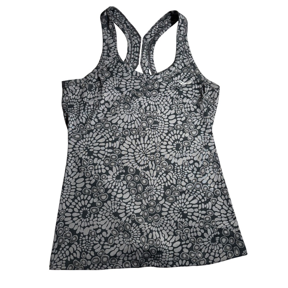 Saucony Womens Gray Black Geometric Print Racerback Athletic Tank Top Size M